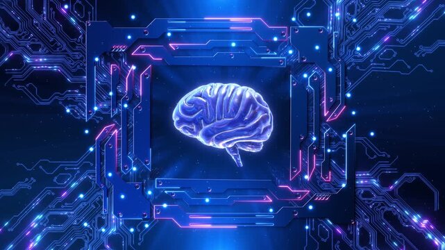 A glowing brain circuit connections artificial intelligence violet highlights metallic frame. Technology imagery for machine learning, neural computing, intelligent software digital innovation videos.