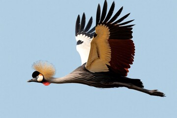 Fototapeta premium African crowned crane flies in blue sky. Exotic bird spreads colorful wings with gold, black feathers. Wild animal glides through air with red wattle, yellow crest. Majestic crane shows beautiful