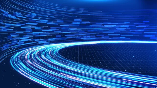 Luminous cyan arcs curve across grid beneath data lines scattered pixels. abstract connectivity, software promotions, telecommunications visuals, information processing digital technology explainers