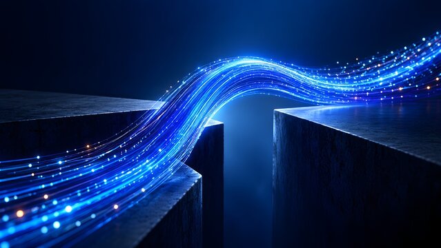 Glowing blue fiber optic data stream bridging a gap between two dark concrete blocks representing connectivity communication and overcoming digital divides
