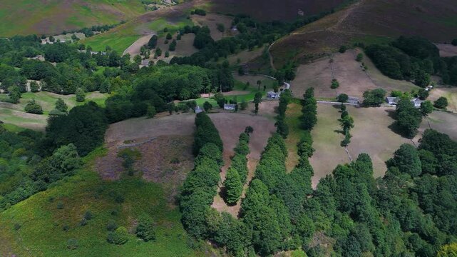 Aerial drone view of the beech forest and countryside landscape in Las Machorras, Las Merindades. Pasiegos Valleys of Burgos. Castile and Le&oacute;n. Spain. Europe