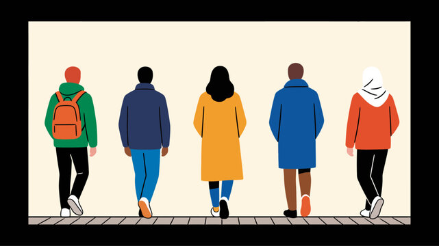 Diverse group of five multicultural people walking forward together representing unity community and social inclusion in a minimalist clean style