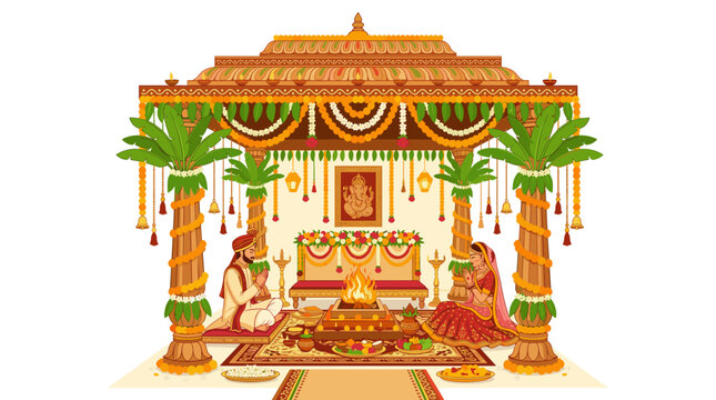 Traditional Indian Hindu wedding ceremony illustration featuring a bride and groom sitting in a beautifully decorated floral mandap with a sacred fire, banana leaves, and marigold garlands.