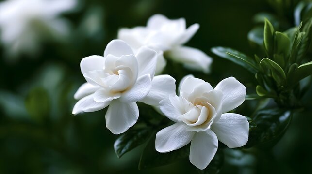 White gardenia flowers bloom gracefully among lush green leaves in a serene natural setting with soft focus background
