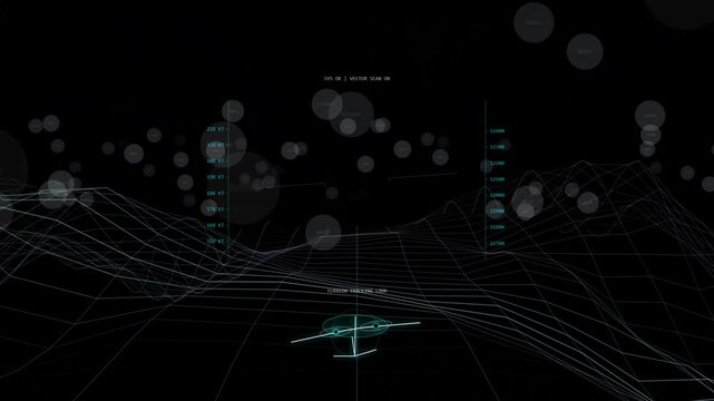 Futuristic digital heads-up display showing vector scan, terrain tracking, and flight navigation data interface.