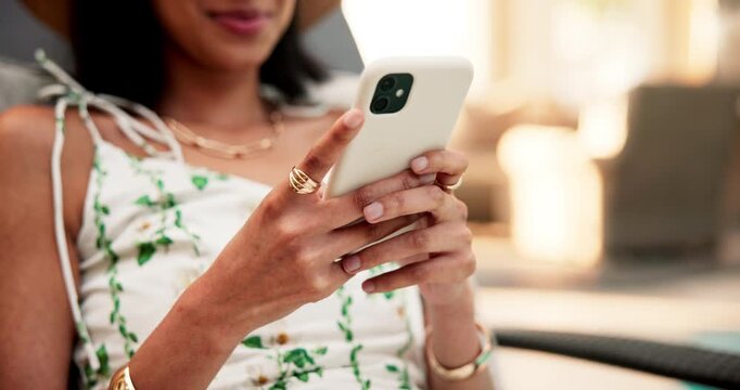 Hands, woman and phone at resort for travel, booking and social media update for critic reviews. Happy, person and tourist at retreat with mobile, guest opinion and itinerary information on vacation