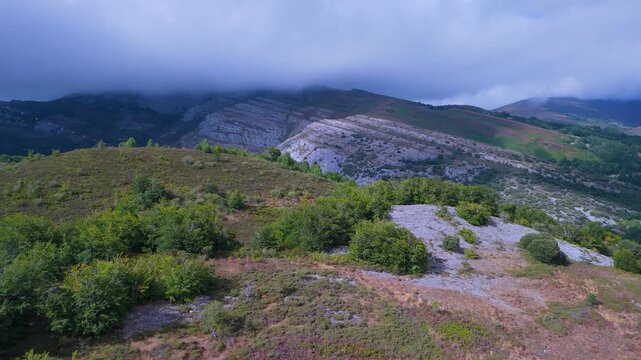 Aerial drone view of the beech forest and countryside landscape in Las Machorras, Las Merindades. Pasiegos Valleys of Burgos. Castile and Le&oacute;n. Spain. Europe