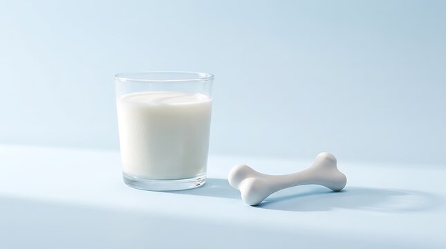 Glass of milk beside white sculptural bone form on pale blue background, calcium and bone health awareness concept with copy space for dairy, nutrition, and healthcare advertising
