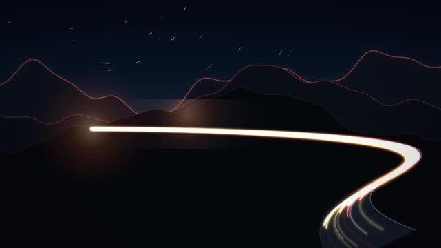 Long exposure photography captures glowing car light trails winding through dark mountains under starry night sky.