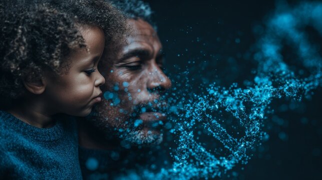 A close-up profile of an older man and a young child with digital blue particles emanating from their faces against a dark.
