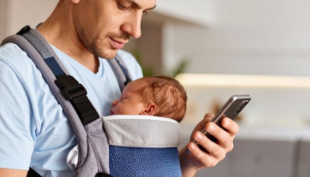 Father scrolling on smartphone while newborn child sleeping in baby carrier 