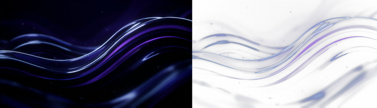 Abstract flowing liquid waves with purple and blue light reflections, dynamic 3d render of smooth glossy curves on dark and transparent backgrounds
