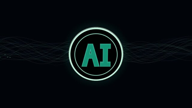 Artificial intelligence ai icon pulsating with emerald digital light across dark holographic field for tech innovation
