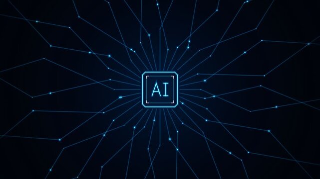Artificial intelligence microprocessor chip pulsing with digital data streams within futuristic server environment blue glowing circuits for tech software marketing