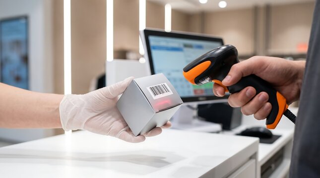 Cashier hand scanning a barcode on a small package with a handheld barcode scanner at a retail checkout counter, point of sale, inventory management, logistics and shopping