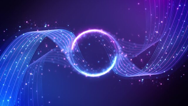 Bright neon circle framed waves forms colorful abstract backdrop with glittering sparkles. logo introductions, music event graphics, broadcast titles, creative branding promotional video presentations