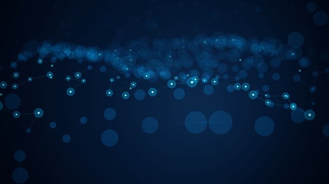 Blue neural network plexus nodes drifting through dark digital void with glowing fiber optic particles 3d motion for high-tech software marketing