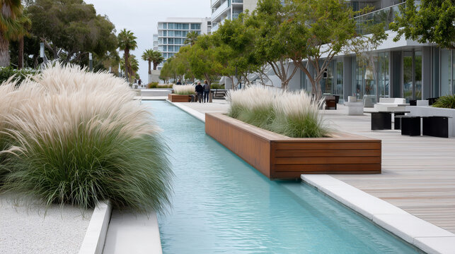 Landscape Designer Examining Native Plants in Urban Rain Garden for Sustainability

