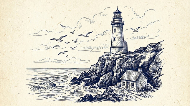 Vector drawn art of a lighthouse standing on a rocky cliff by the sea with ink drawing