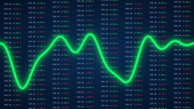 Stock market ticker graph fluctuating across dark digital field with green glowing oscillation and scrolling numerical data for financial investment marketing