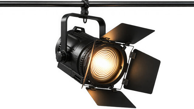 Studio Fresnel spotlight PNG isolated on transparent background, professional stage lighting equipment for film and photography, theatrical light