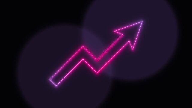Magenta neon profit growth arrow rising diagonally through dark minimalist void with vibrant pink light pulses and circular lens flares for financial reporting