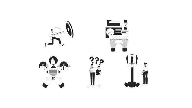 Business process management and strategy black and white hand drawn animation pack. Goal setting. MVP launch. Modern workplace workflows animated outline 4K video set on transparent background