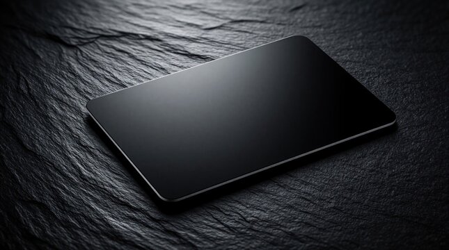 Close up of blank black credit card on dark stone texture. Premium matte plastic card lies on rough slate surface. Minimalist luxury bank card concept for finance, wealth, secure digital payment.