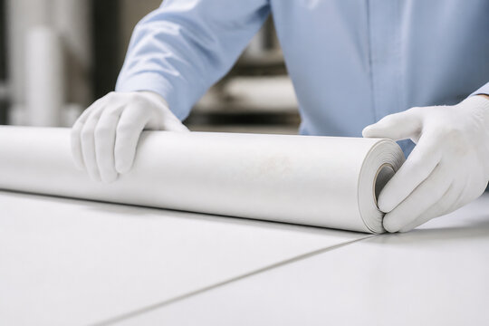 A person in a light blue shirt and white gloves is unrolling a large roll of white material on a clean, white surface.