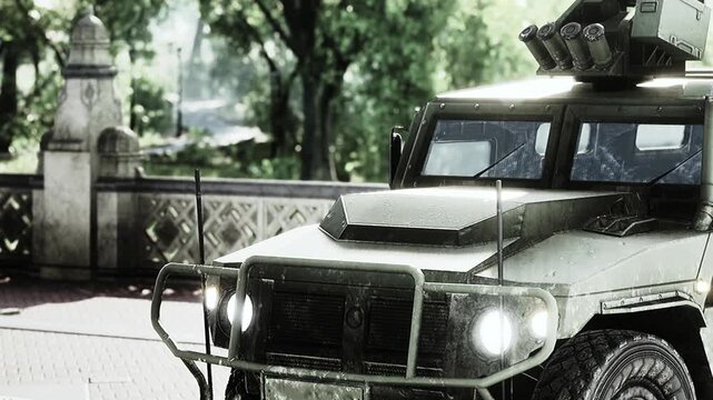 A military vehicle with an armored design stands parked in an urban area, surrounded by lush trees and decorative structures. Sunlight filters through the leaves, creating a serene atmosphere.