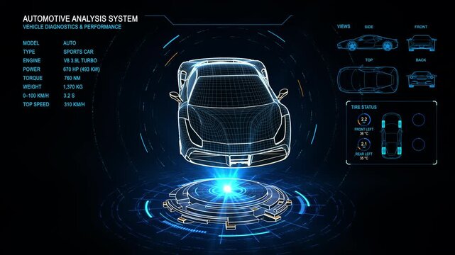 Futuristic 3D automotive interface featuring a sports car, vehicle diagnostics, performance data, technical diagrams, gauges and glowing holographic HUD elements.