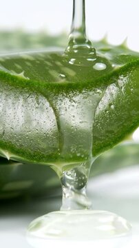 Closeup of clear aloe vera gel slowly dripping on the fresh cut green leaf, transparent liquid flowing to the white surface, nobody, vertical