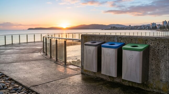 Three modern stainless steel recycling bins mounted on a concrete wall beside a coastal walkway while hands sorting recycling wastem rubbish during a scenic sunrise