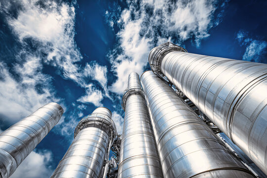 Factory chimneys reaching towards a bright blue sky under fluffy