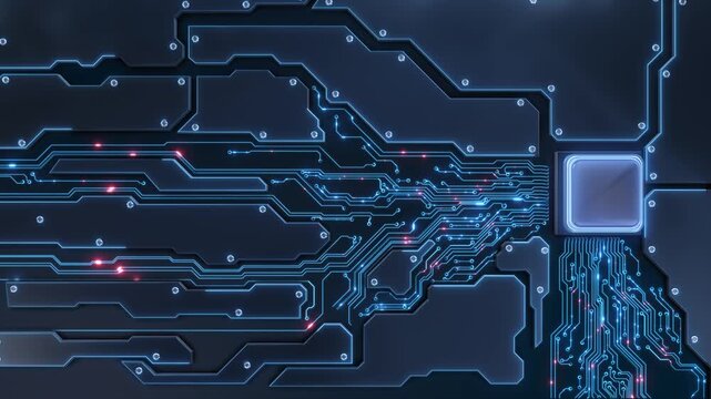 Glowing blue pathways around blank processor chip circuit board. digital hardware suits semiconductor presentations, computing explainers, data processing videos electronic engineering introductions.