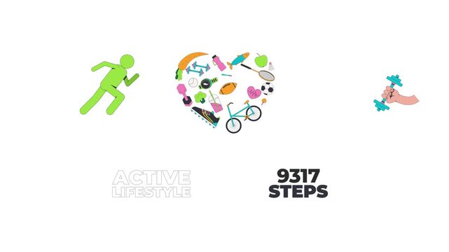 Active lifestyle and step counter cartoon animation pack. Diverse hands lifting dumbbells and runner. Nutrition sports animated flat 2D elements 4K video collection isolated on transparent background