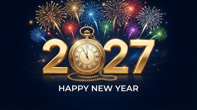 Golden clock celebrating the arrival of new year 2027 fireworks