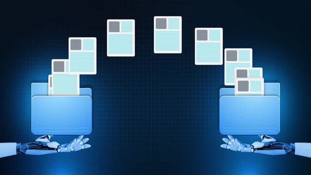 Blue folders mechanical hands document icons text lines. robotic file sharing suits automated office workflows, digital records management, document exchange and enterprise process automation clips.