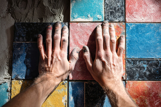 Hands expertly place colorful ceramic tiles onto a concrete wall