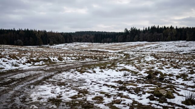 A muddy path winds through a winter landscape where frozen soil crack climate change alters the ground, framed by a distant dark forest and an overcast sky creating a somber mood