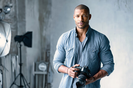 A focused photographer stands in a stylish studio, camera in han