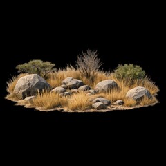 Naklejka premium Desert landscape with rocks, dry grass, and sparse shrubs on black.