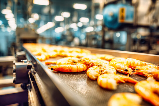 Tiger shrimp are seen on a conveyor belt in a food factory, show