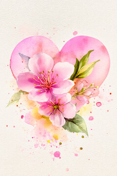 Soft pink heart with flowers surrounded by watercolor splashes o