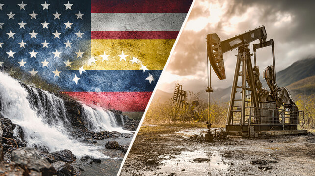 Background displays American and Venezuelan flags beside an oil