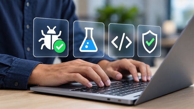 Software developer using laptop for debugging and security coding professional developer working on secure software code with debugging tools