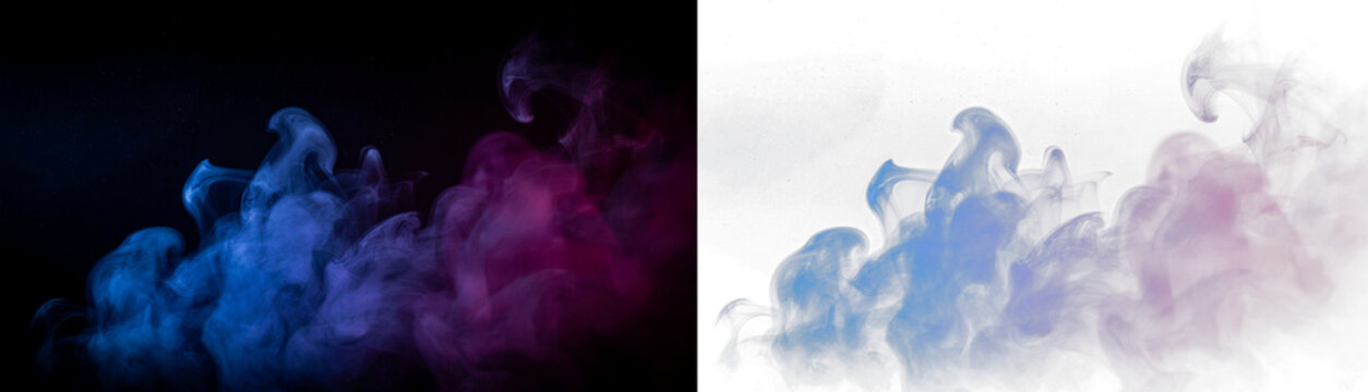 Abstract colorful smoke plumes with blue and purple gradients, artistic swirling vapor clouds on black and transparent backgrounds, creative texture for digital design