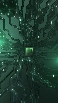Square green microchip forms center complex circuit board, traces, terminals scattered numerical labels. Glowing paths extend across the dark motherboard surface, electronic hardware visualization.