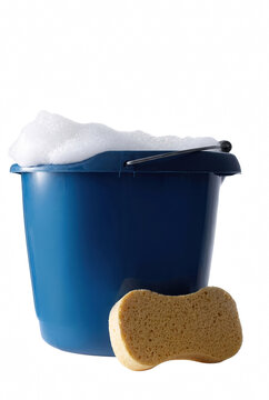 Blue Plastic Bucket with Soapy Foam and Yellow Sponge