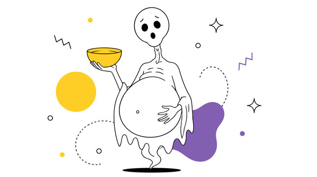 Hungry Ghost Festival illustration featuring a starving spirit holding an offering bowl in a whimsical hand drawn doodle style.